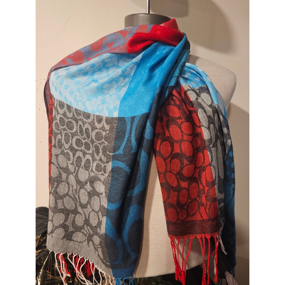 Coach Monogram Signature C Patchwork Scarf Wrap Pashmina Silk Fringe 70x28" Y2K